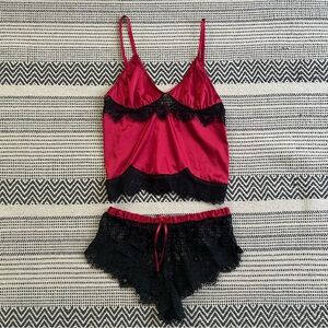 VENUS Satin Lace Trim Chemise Set - Red and Black